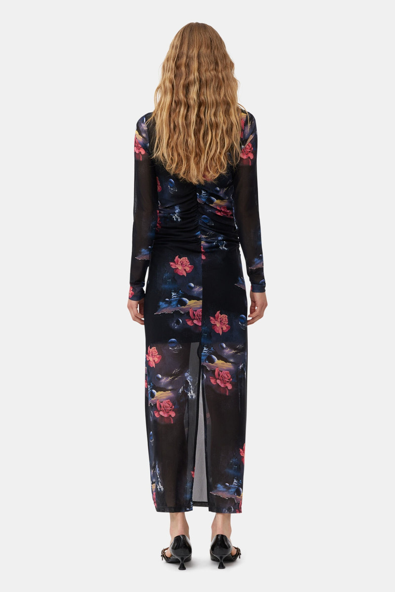PRINTED MESH O-NECK RUCHED LONG DRESS 3