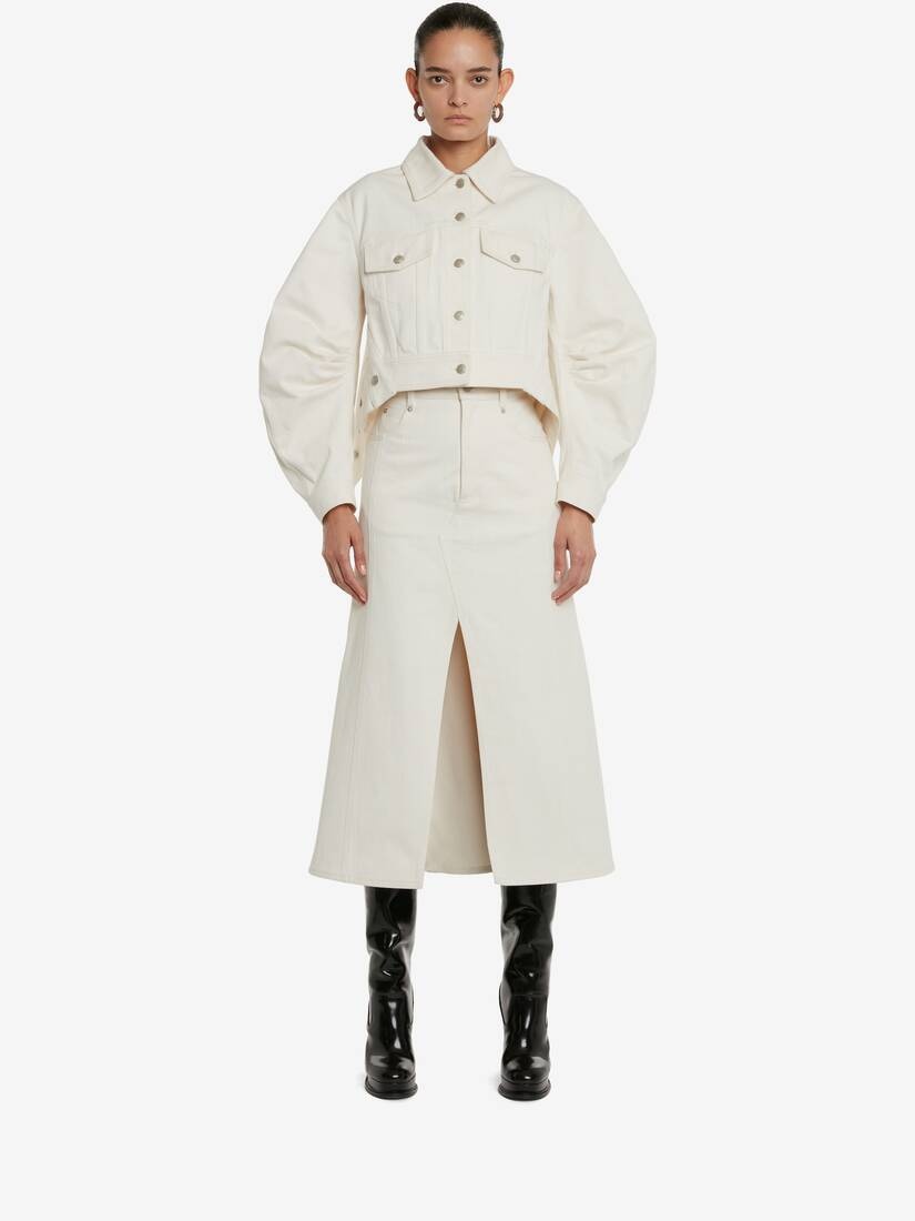 Women's Slashed Denim Skirt in Ivory - 2