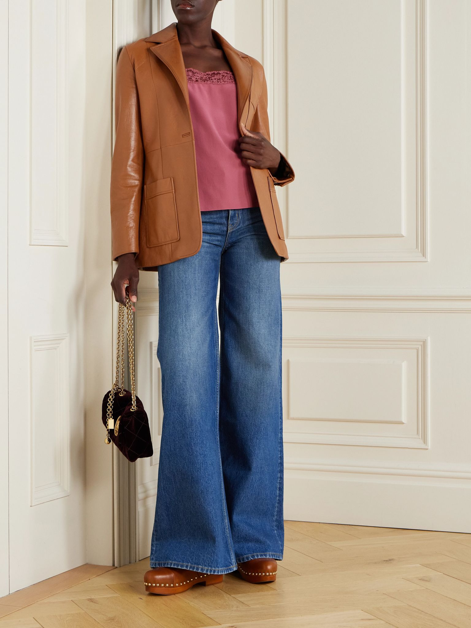 Paneled leather jacket Tan - 2