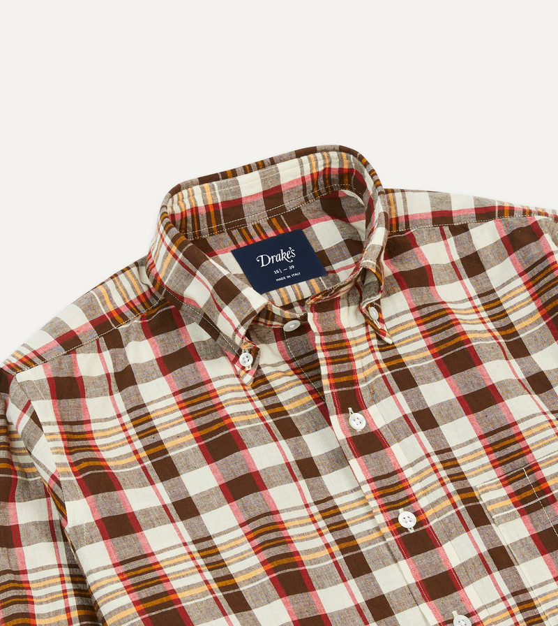 Brown and Red Madras Check Cotton Button-Down Shirt 3