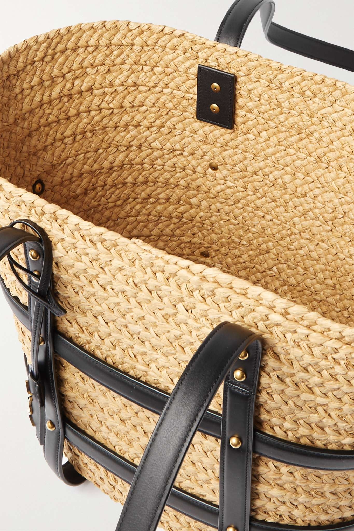 Panier studded leather-trimmed woven raffia tote - 5