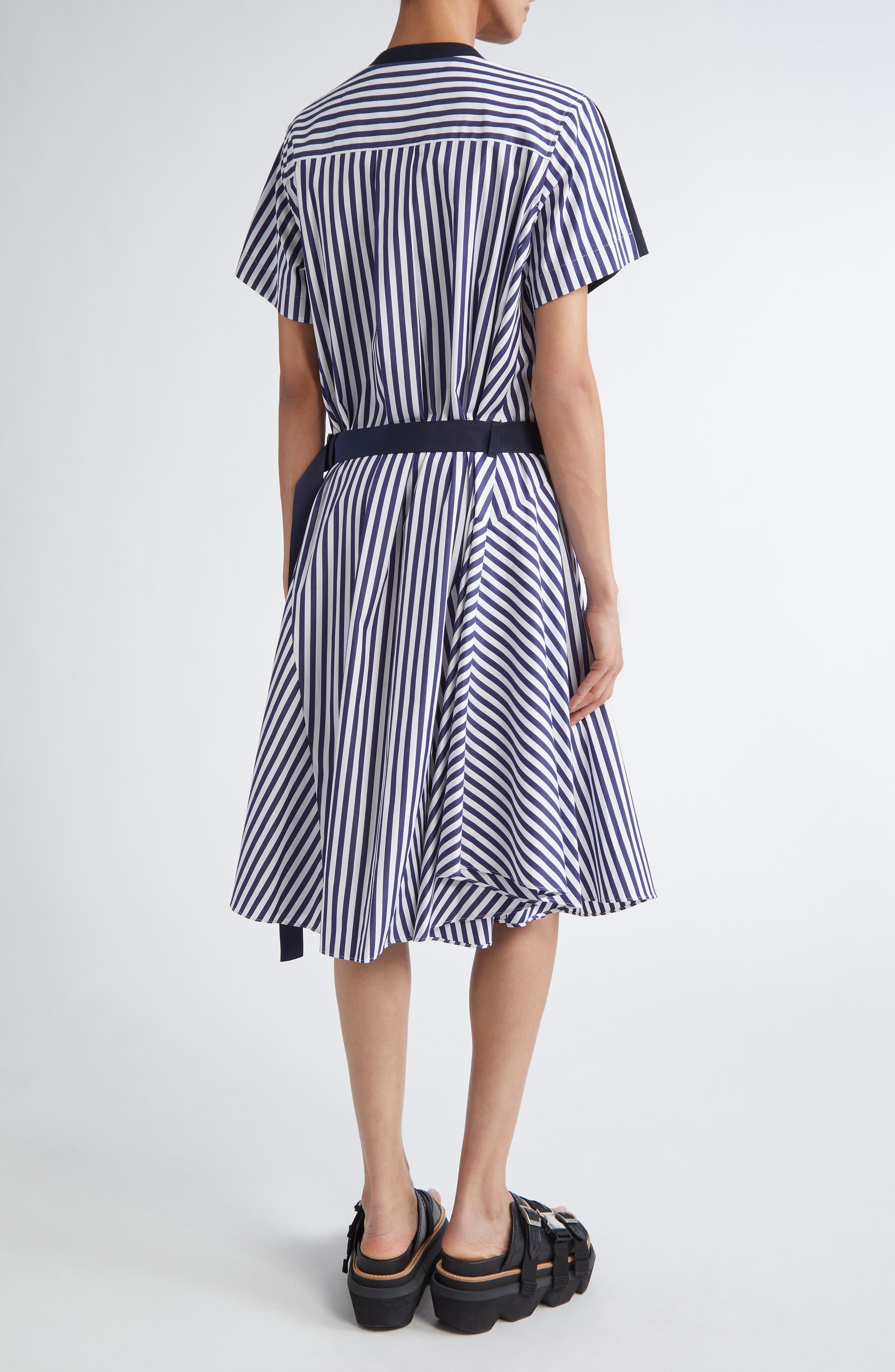 Sacai Mixed Media Poplin & Jersey Midi Dress in Navy Stripe at Nordstrom - 2