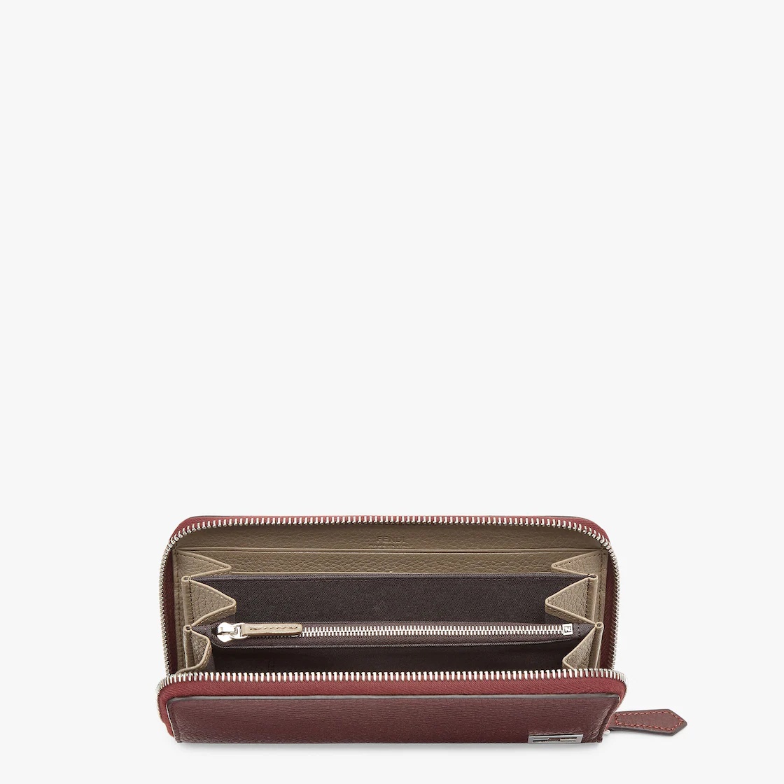 Wallet with zip. Organized into three gusseted compartments with eight card slots and a zip pocket.  - 3