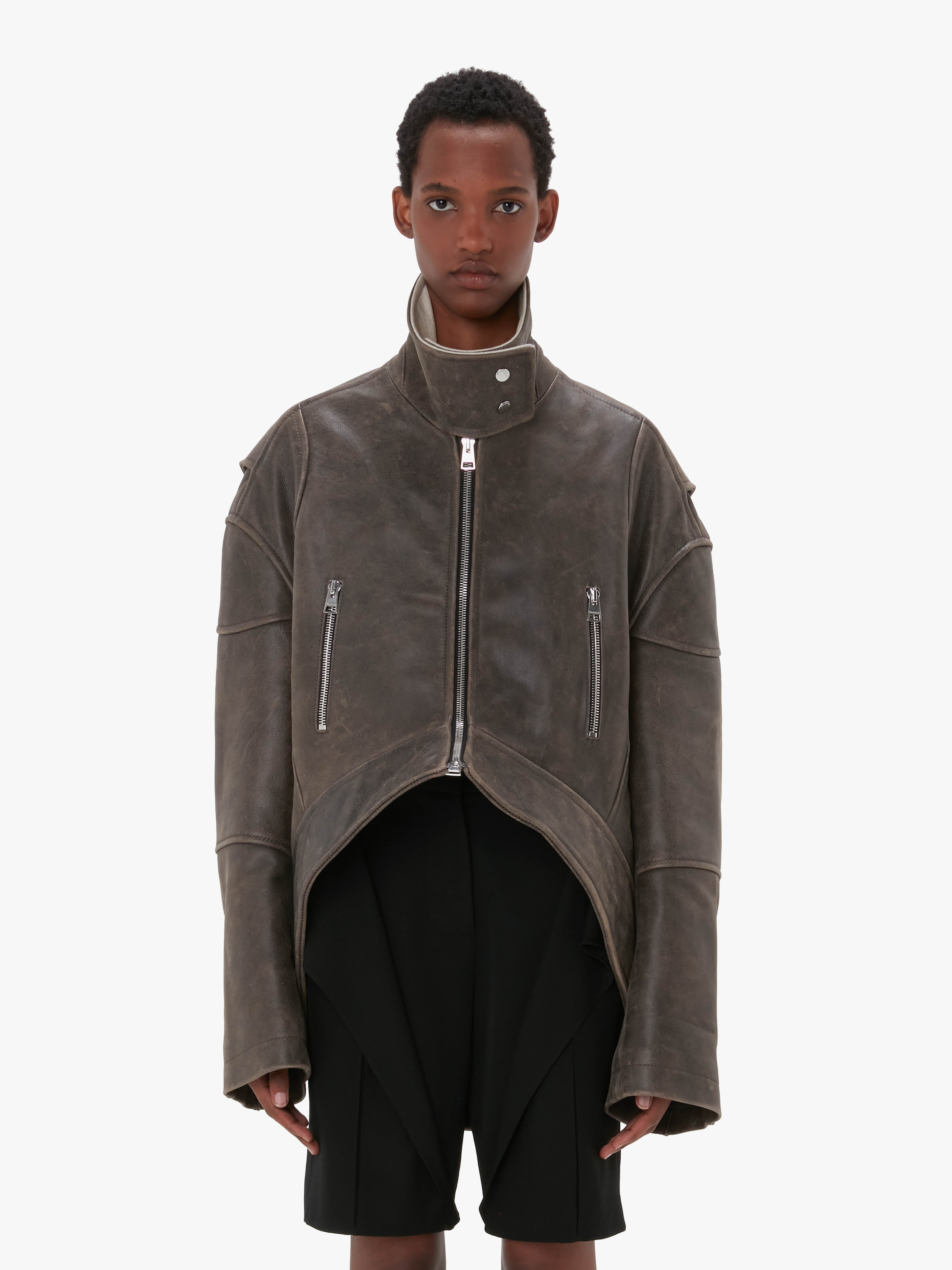 CURVED LEATHER HEM HIGH NECK JACKET - 2
