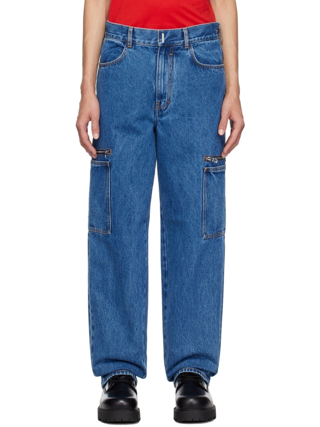 Blue Marbled Denim Cargo Pants - 1