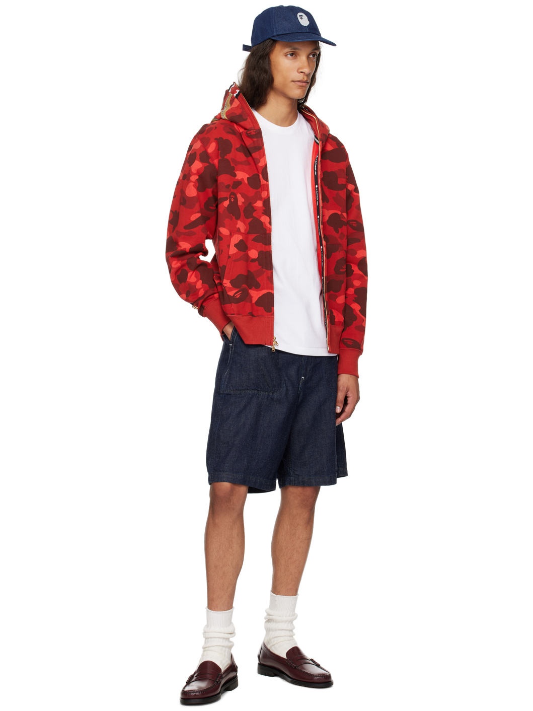 Red Color Camo Double Shark Full Zip Hoodie - 4