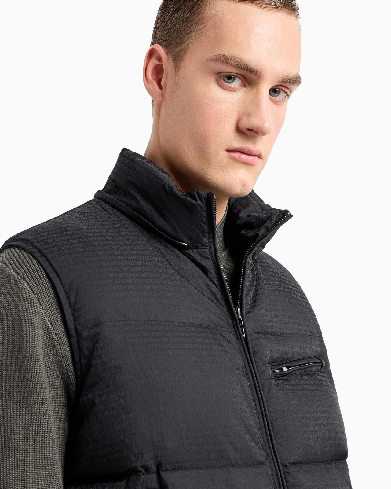 Zipped, hooded sleeveless down jacket in jacquard nylon with all-over logo lettering - 5