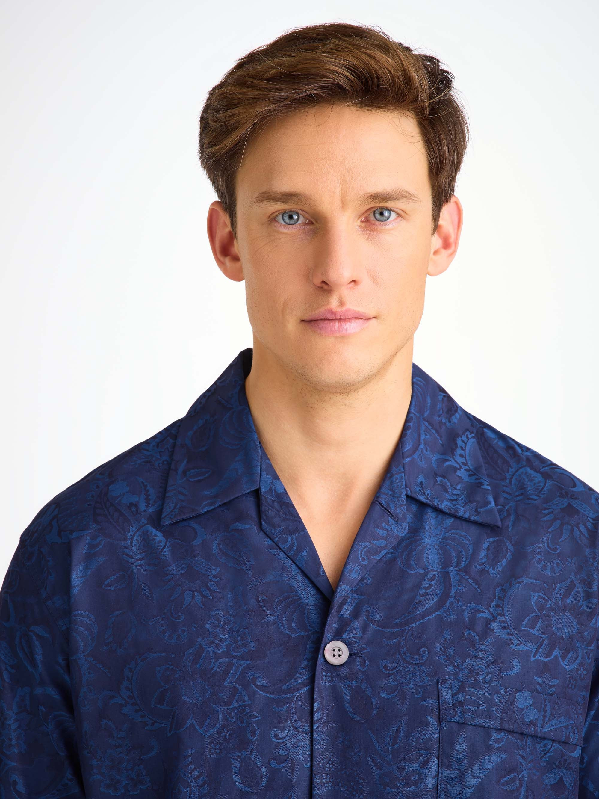 Men's Classic Fit Pajamas Cotton Jacquard Navy Jungle Paisley Pattern - 5