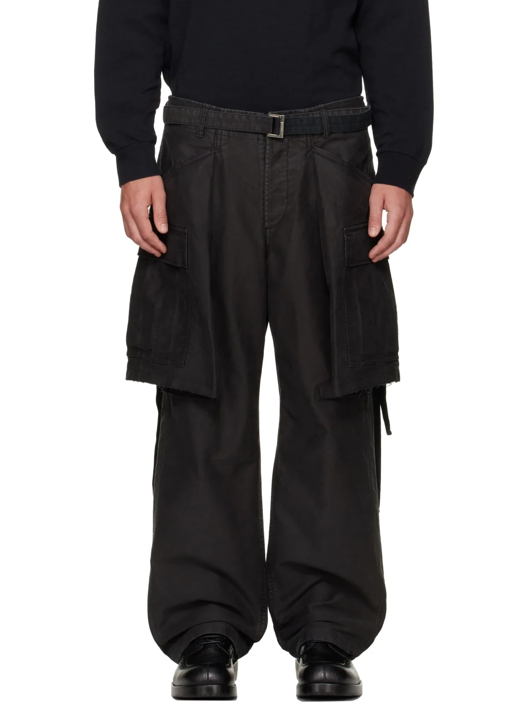 Black Sueded Cotton Cargo Pants - 1