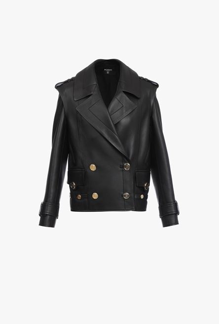 Black leather pea coat with gold-tone buttons - 1
