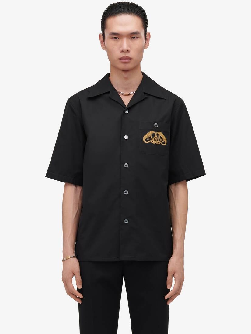 Men's Embroidered Hawaiian Shirt in Black - 5