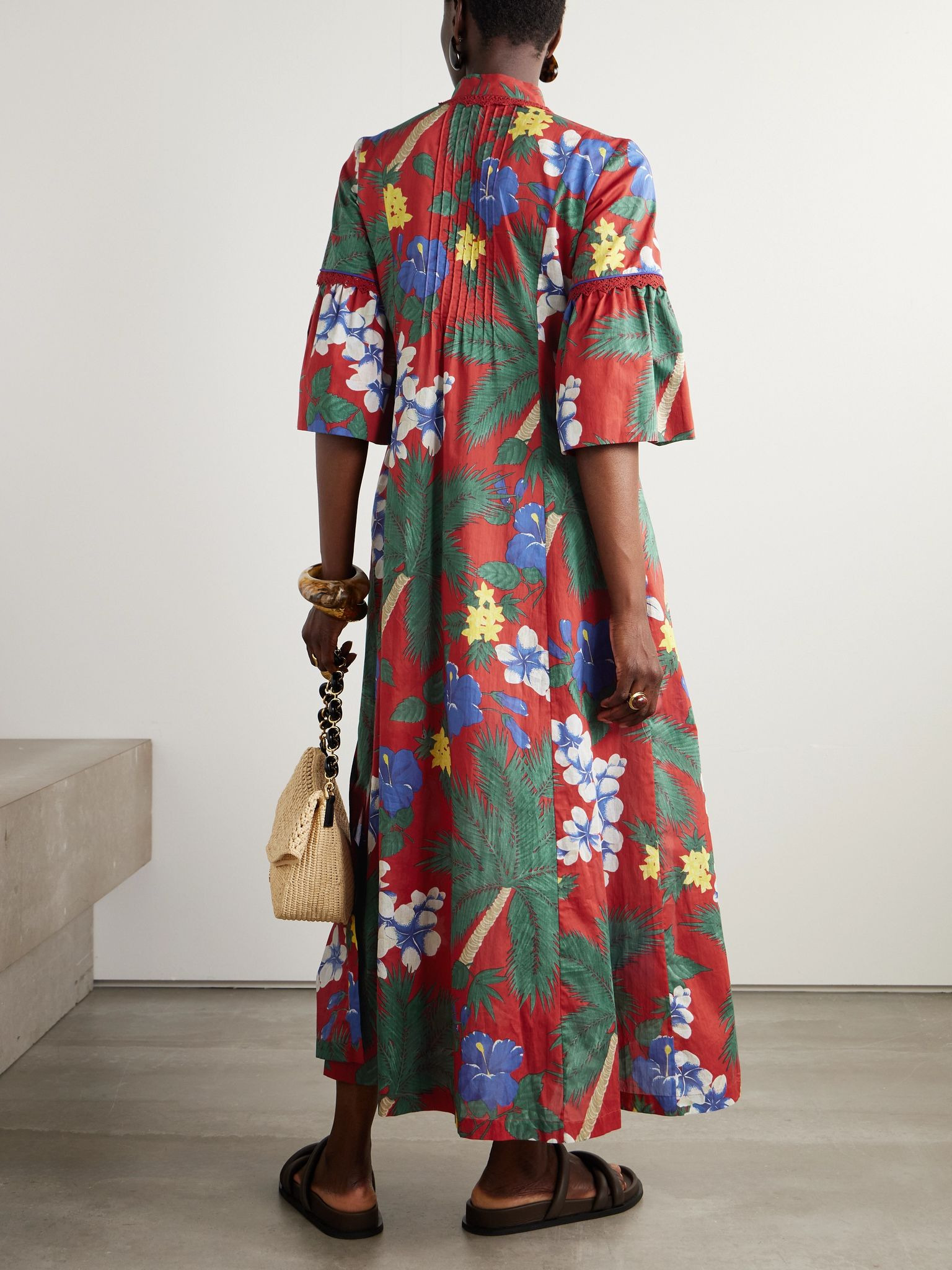 Alicante lace-trimmed pintucked floral-print cotton midi dress Red - 3