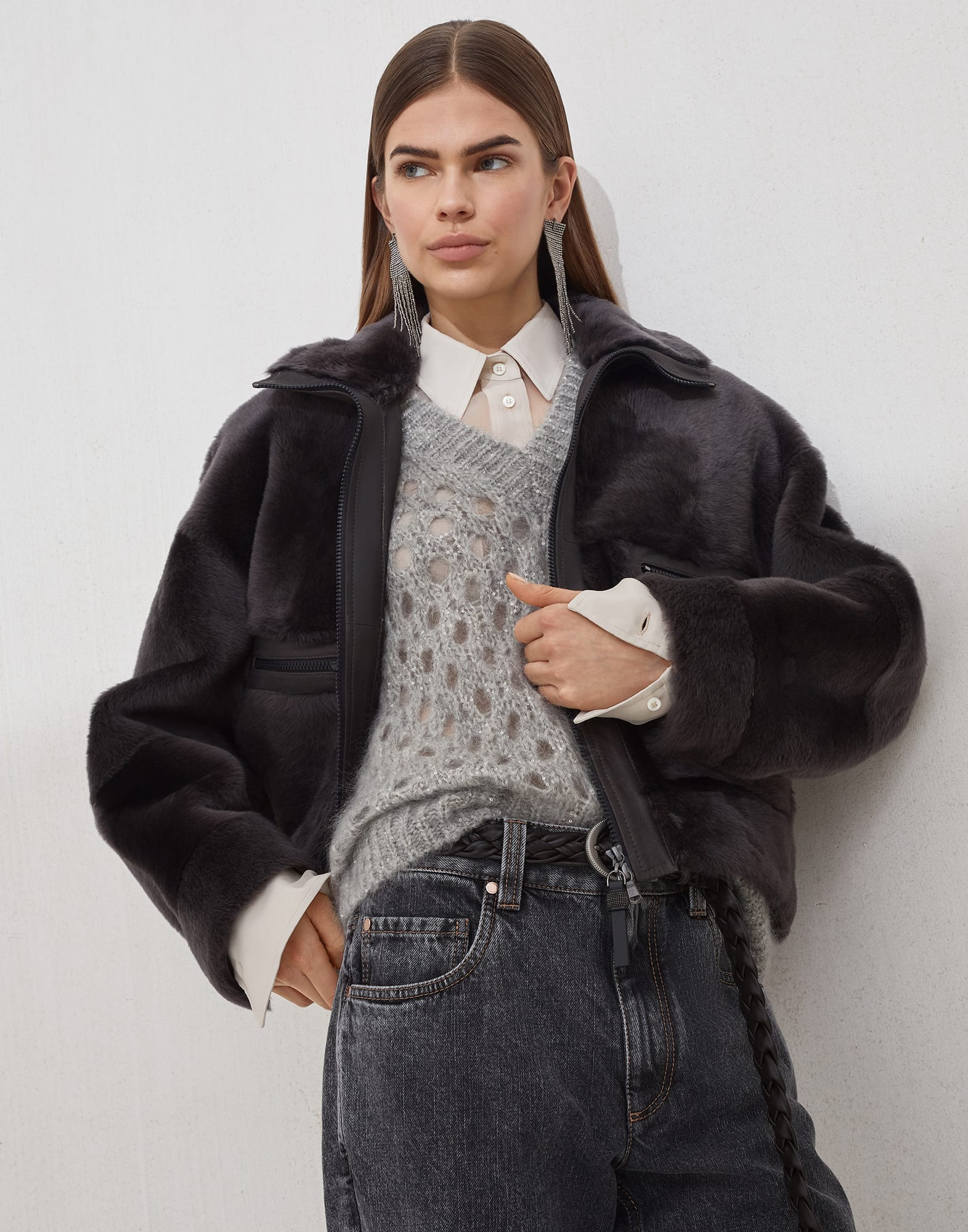Shearling outerwear jacket with shiny zipper pull - 4