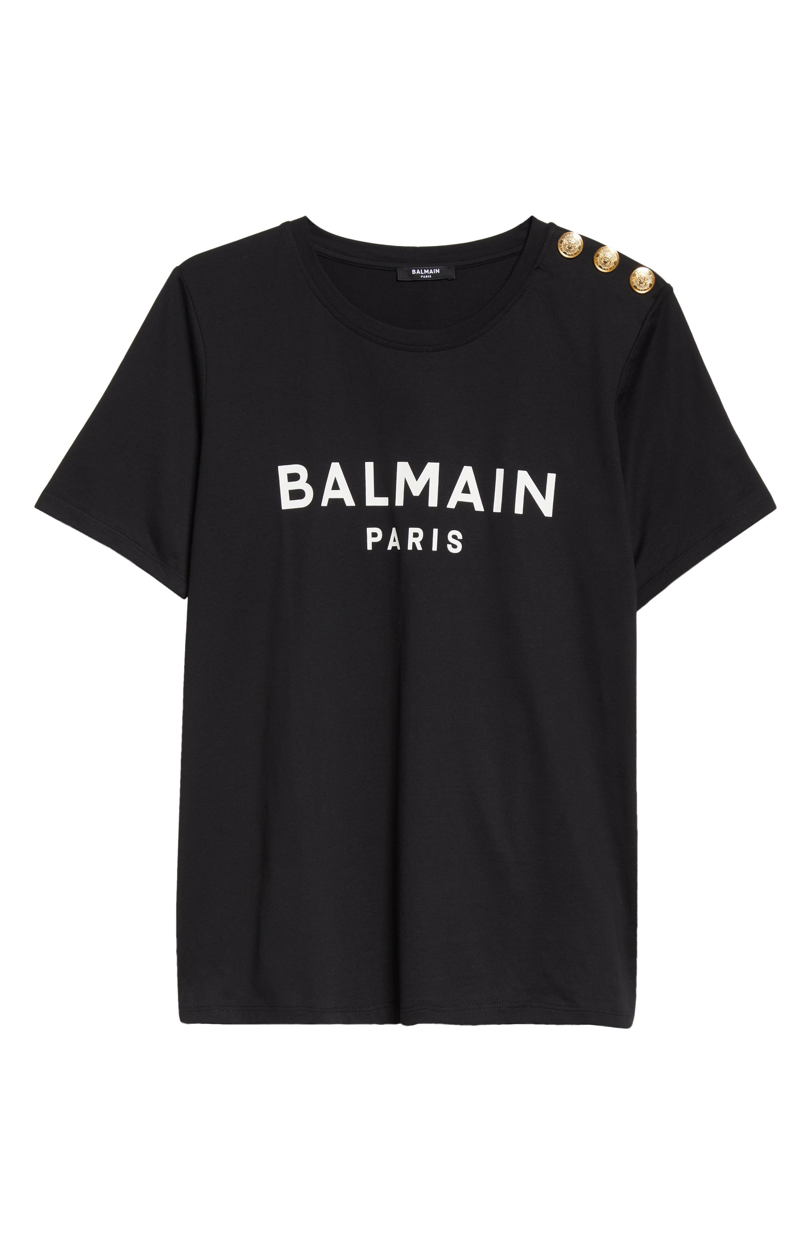 Balmain Button Shoulder Cotton Logo Graphic T-Shirt in Eab Black/White at Nordstrom - 6