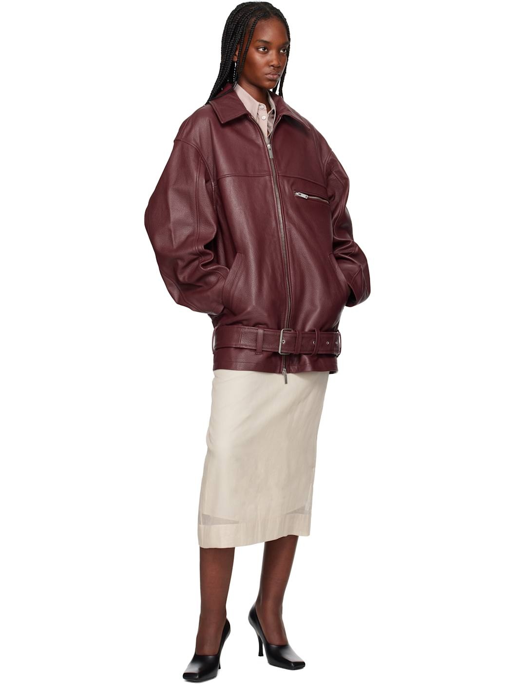 Burgundy Oversize Leather Jacket - 4