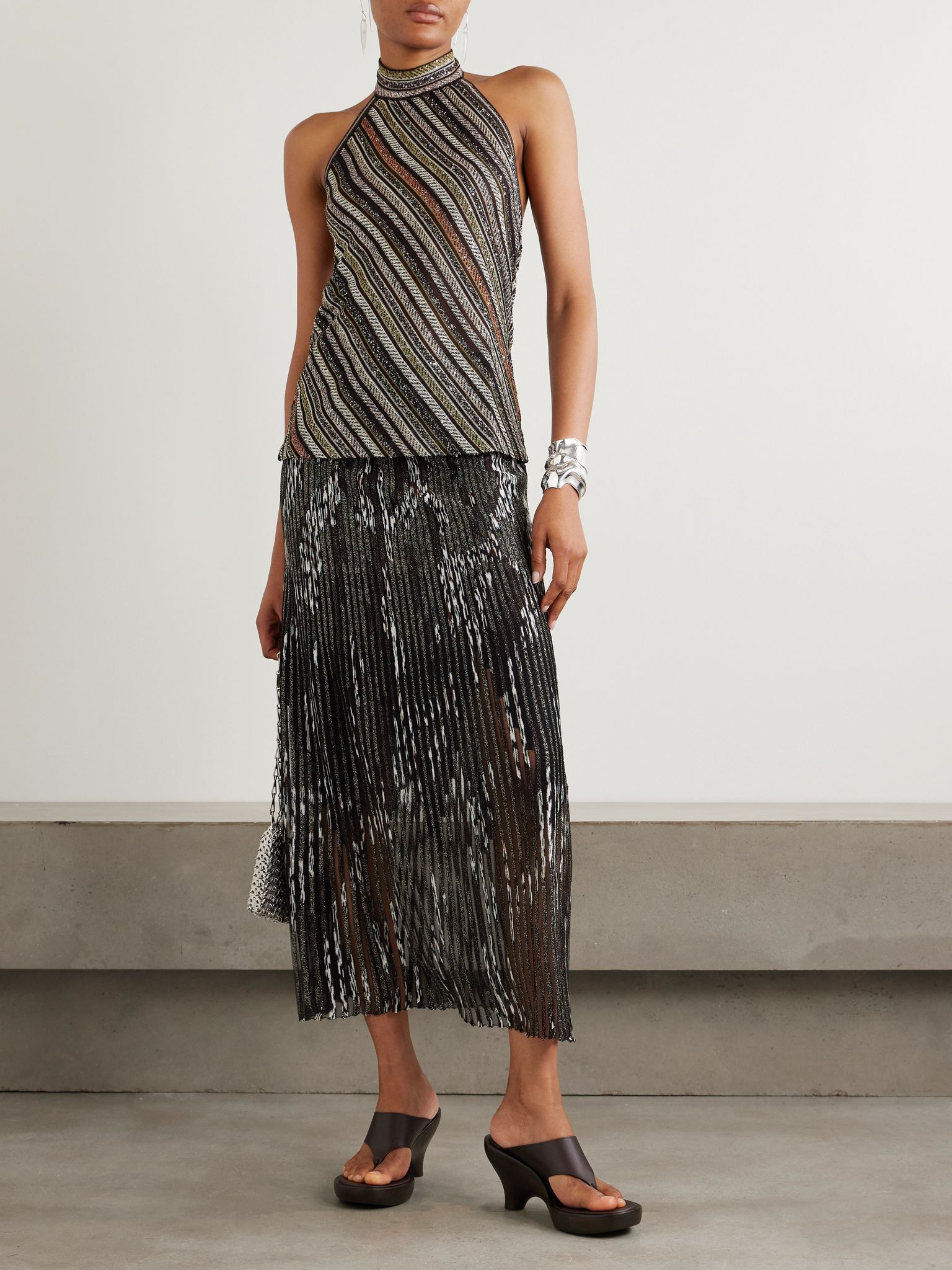 Sequined striped crochet-knit halterneck top Metallic - 2
