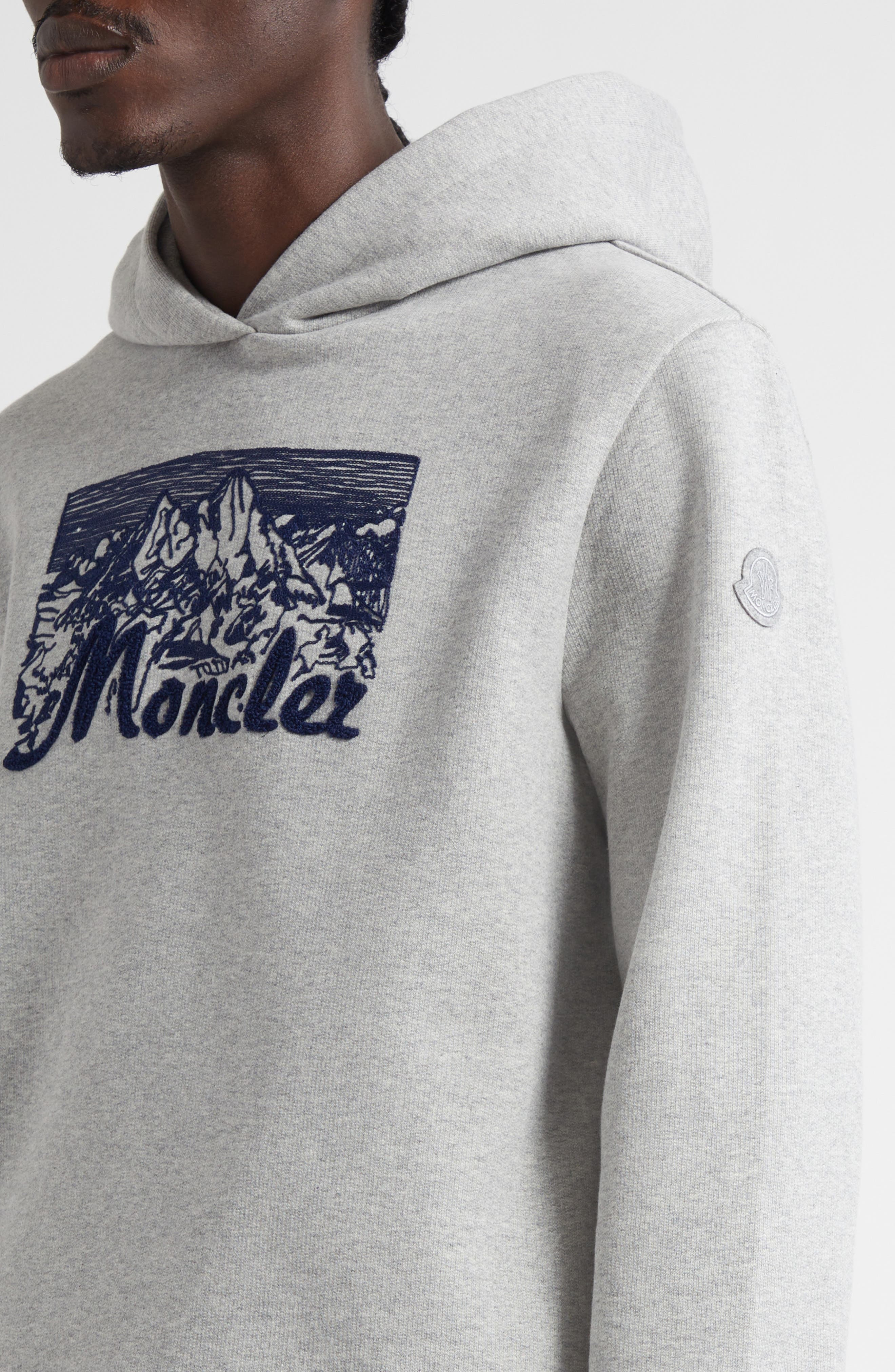 Moncler Embroidered Mountain Logo Cotton Hoodie in Extra Light Gray Melange at Nordstrom - 4