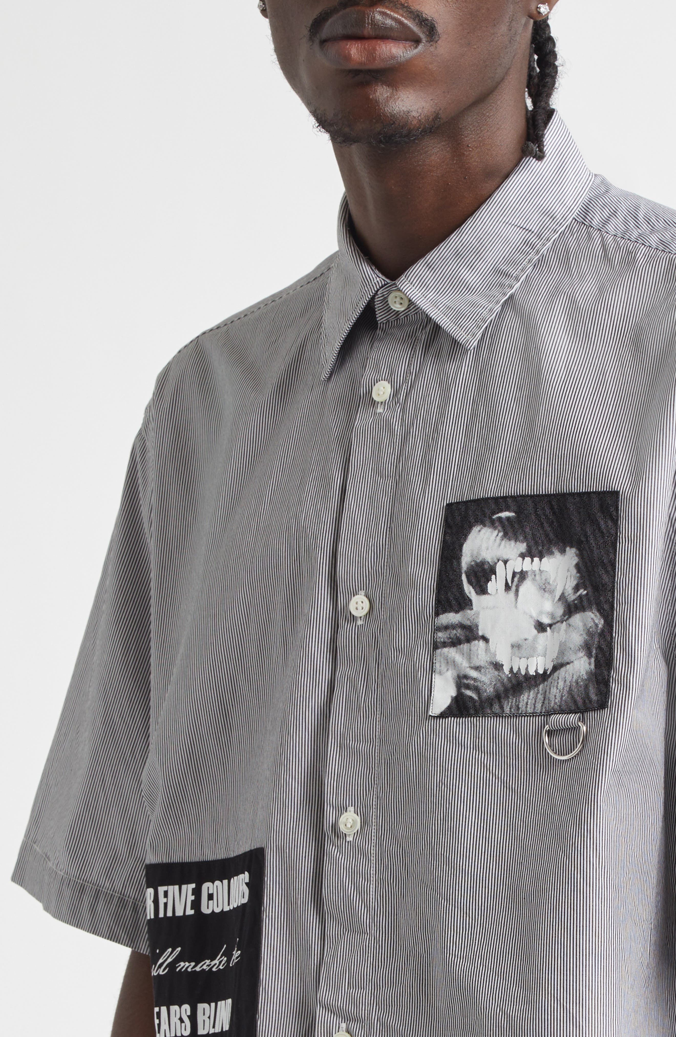 Undercover Patchwork Stripe Button-Up Shirt in Black St at Nordstrom - 4