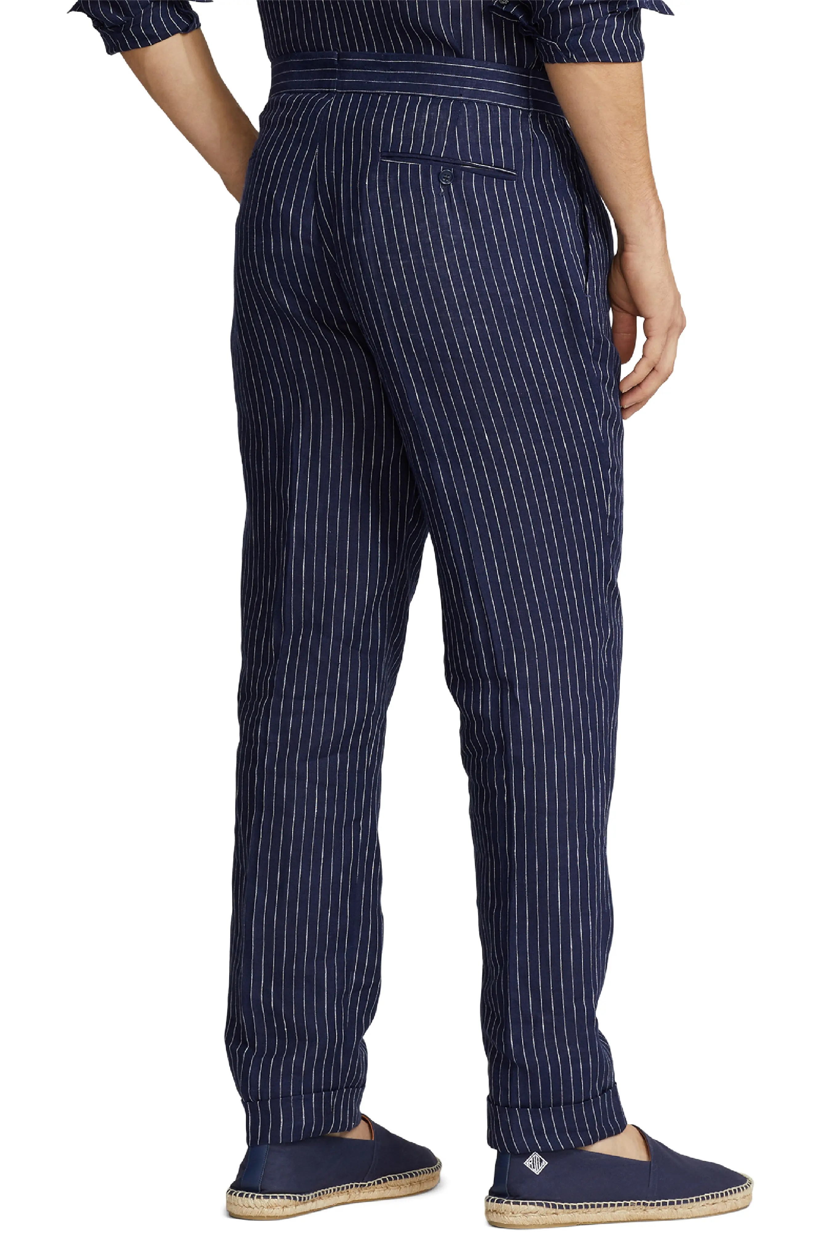 Glenn Pinstripe Cuff Hem Linen Trousers in Spring Navy/Cream - 2