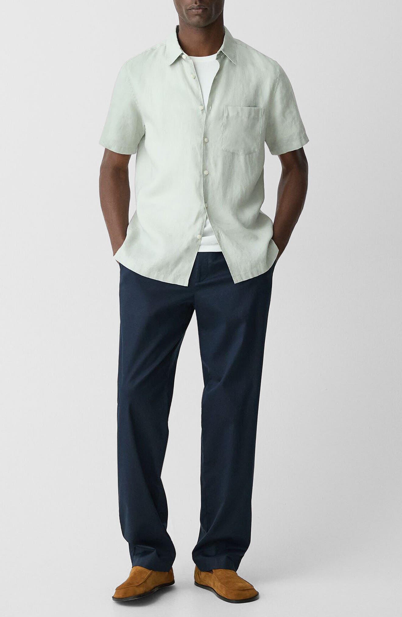 Theory Irving Solid Short Sleeve Linen Button-Up Shirt in Light Green at Nordstrom - 8