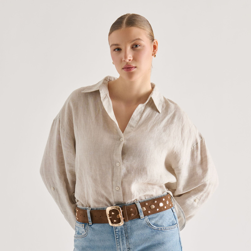 RECTANGLE BUCKLE STUDDED BELT BROWN 4