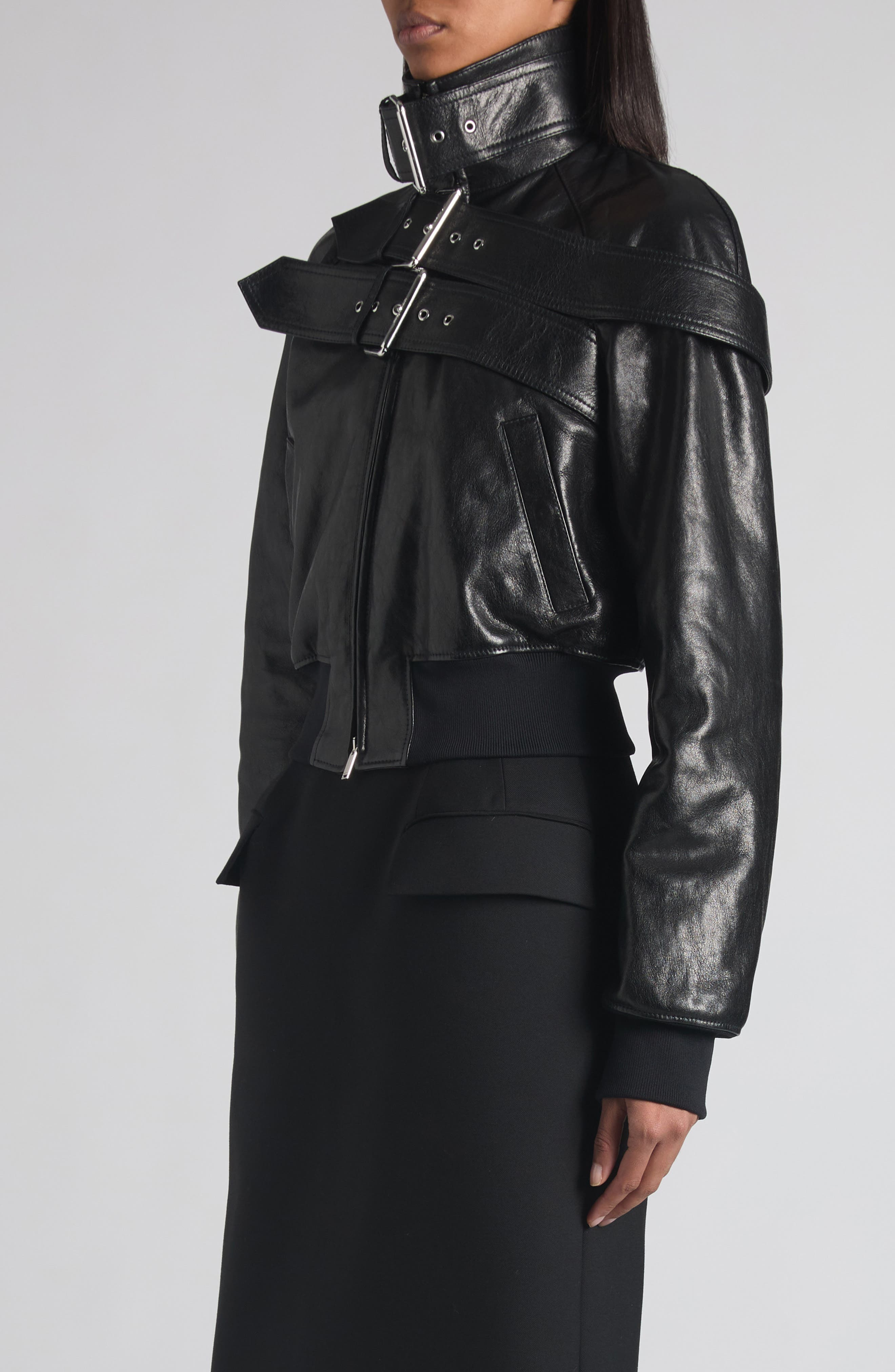 McQueen Belt Detail Lambskin Leather Bomber Jacket in Black at Nordstrom - 4