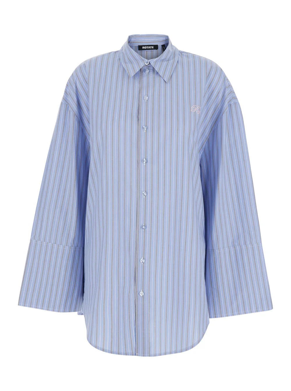 Rotate Women Light Blue Oversized Shirt With All-Over Stripe Motif And Embroidered Logo On The Front - 1