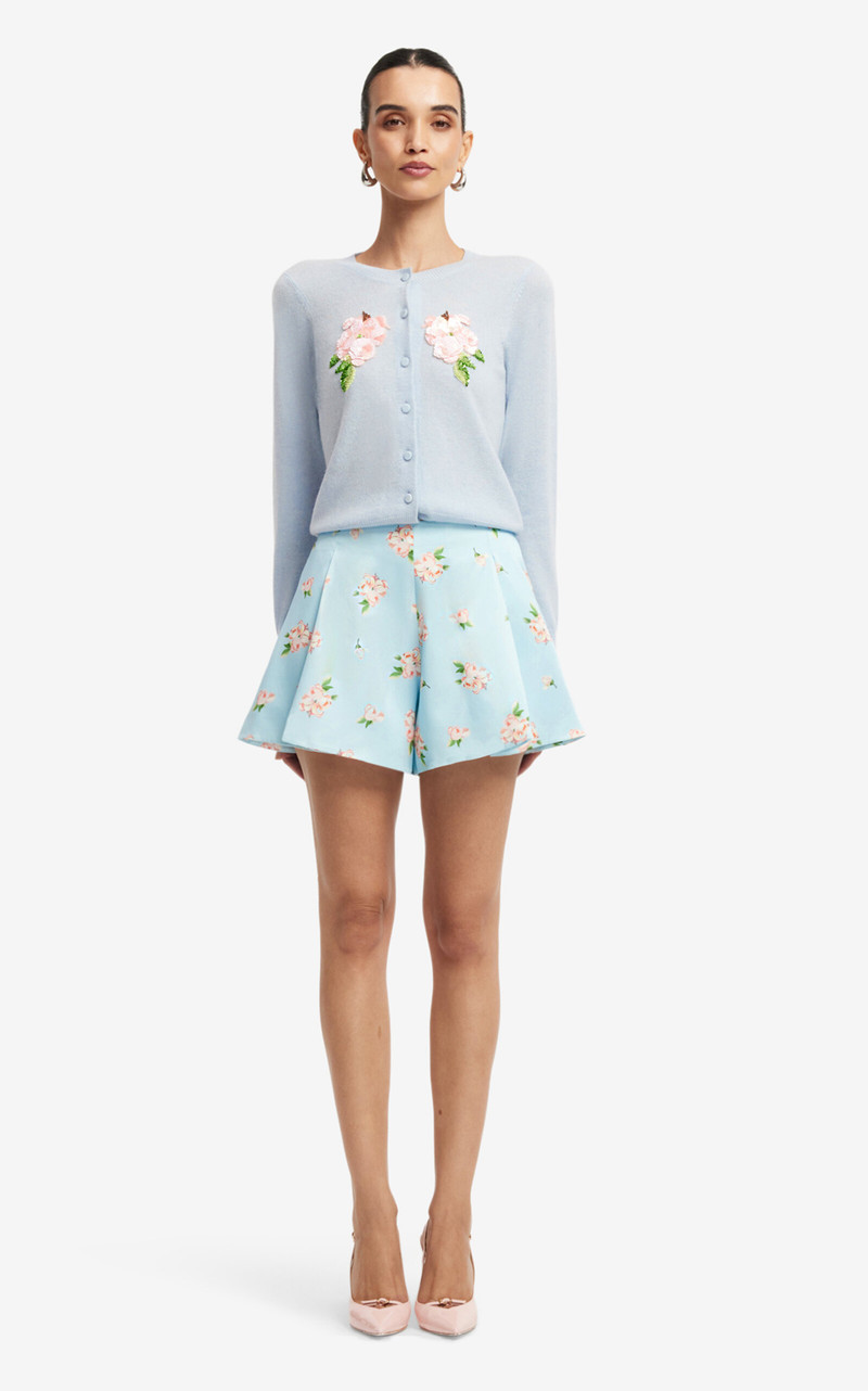 Abby Floral-Print High-Waisted Cotton-Silk Shorts light blue 3