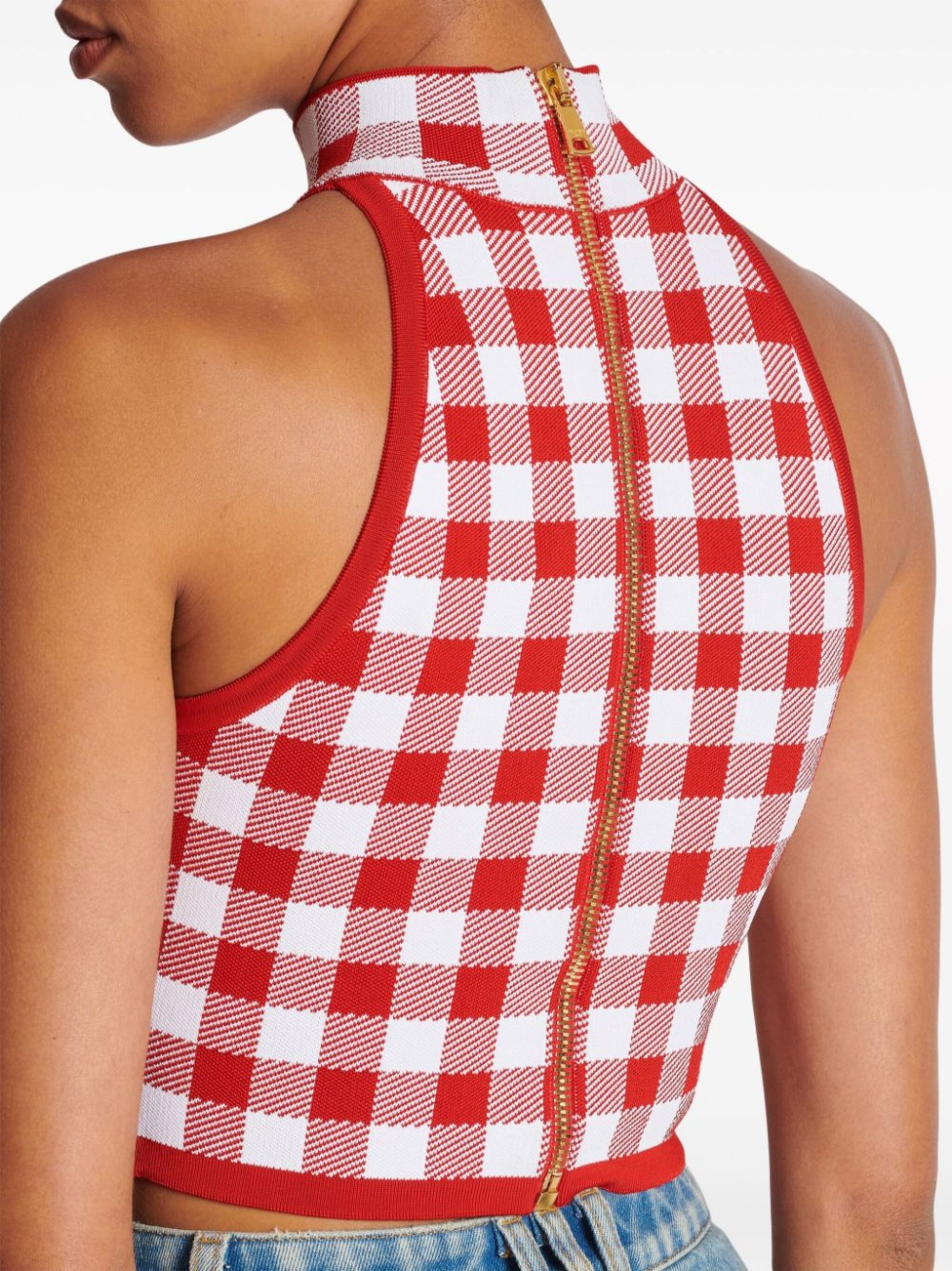 gingham-check pattern zip-up top - 7