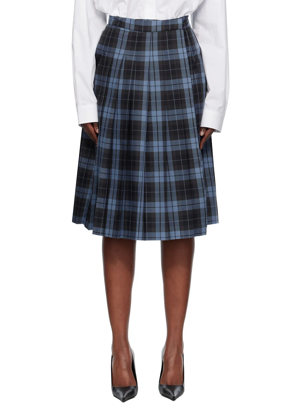 Navy Plaid Midi Skirt - 1