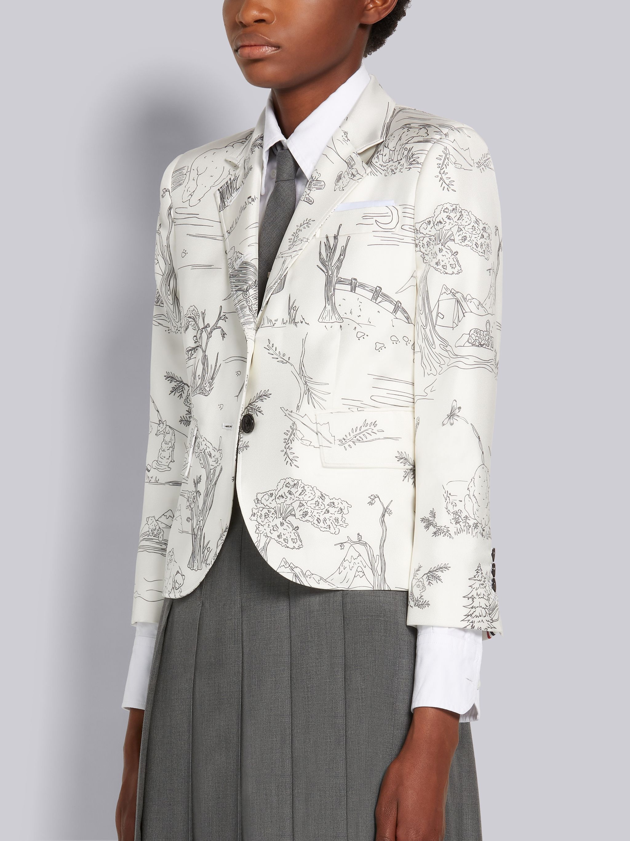 White Silk Twill Animal Camp Toile High Armhole Sport Coat - 2