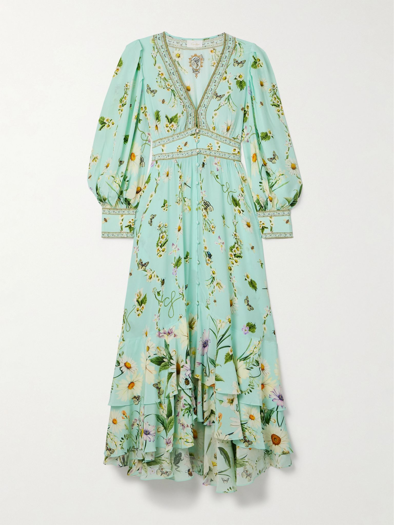 Crystal-embellished printed silk crepe de chine maxi dress Turquoise - 1