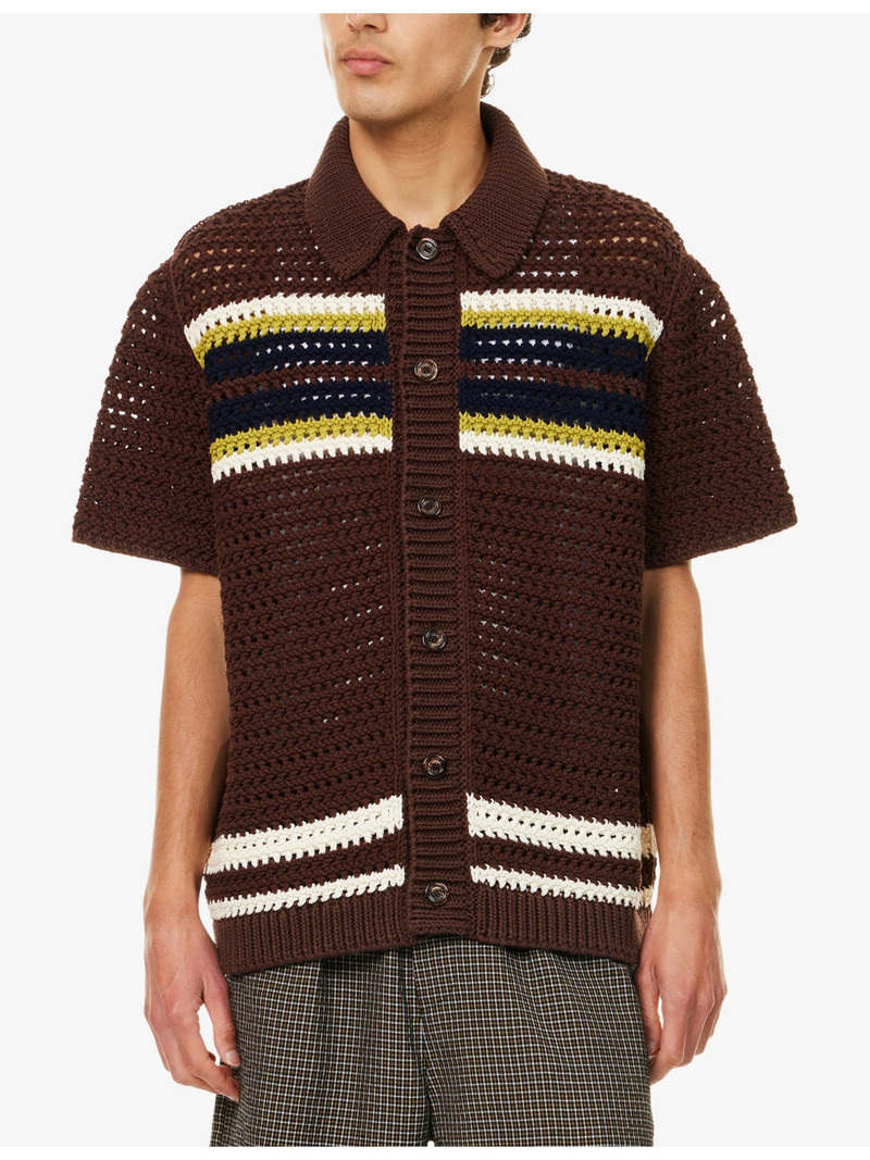 Stripe-Pattern Short-Sleeve Knitted Cotton Polo Shirt 3