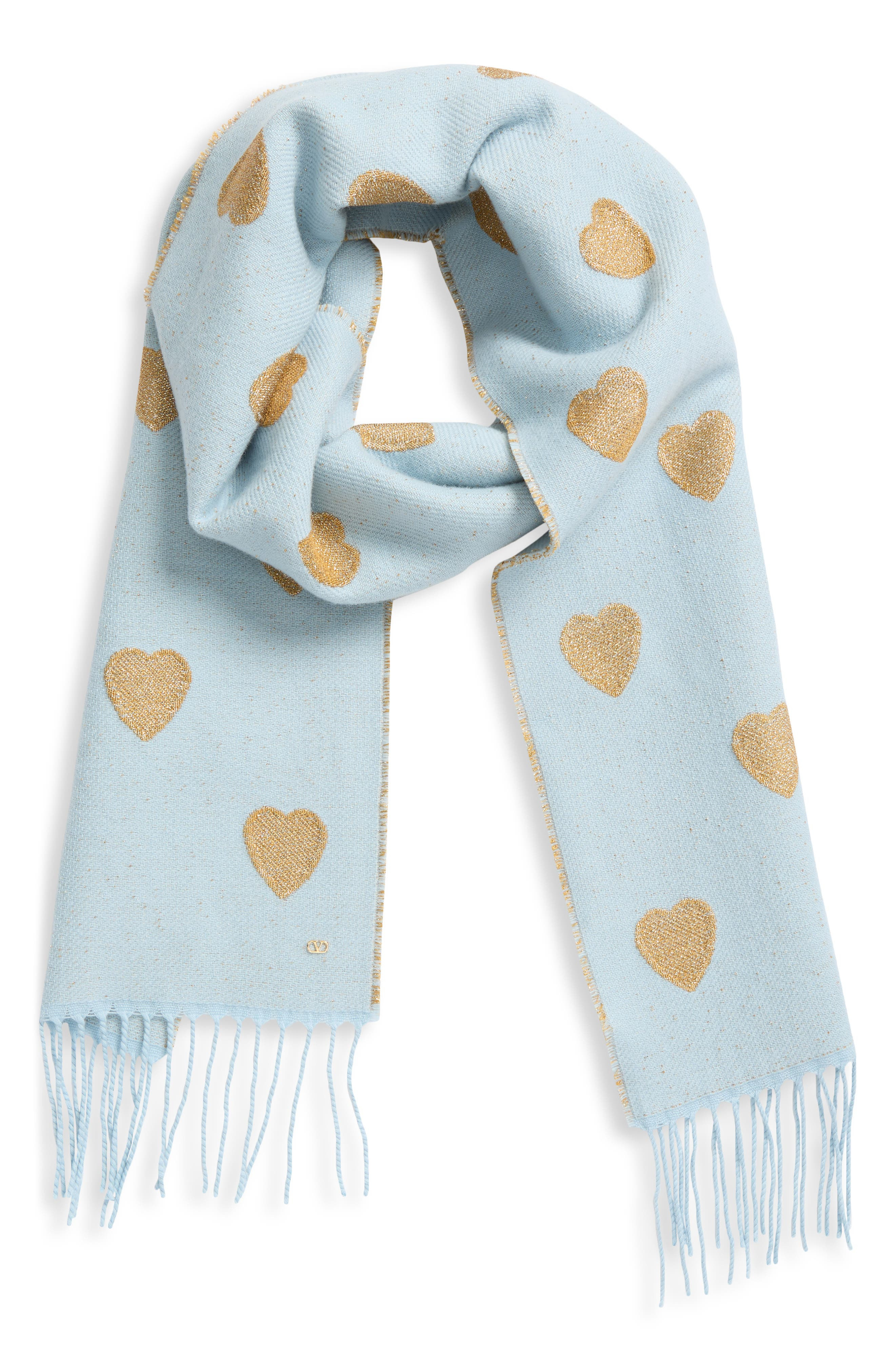 Valentino Garavani Metallic Heart Jacquard Virgin Wool & Cashmere Blend Fringe Scarf in Celeste Oro/ - 3