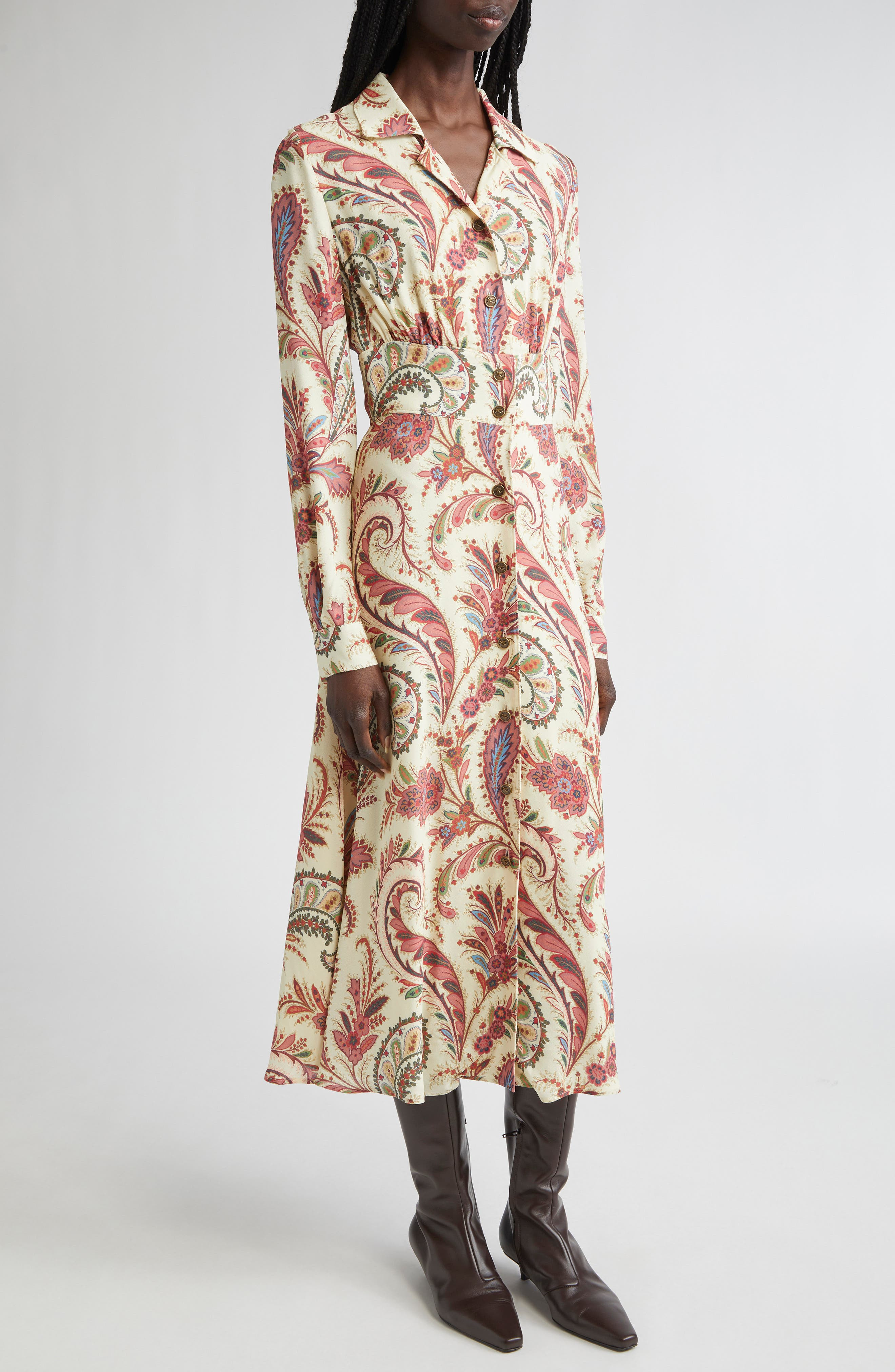Etro Paisley Print Long Sleeve Crepe Shirtdress in Stampa F.do Bianco at Nordstrom - 4