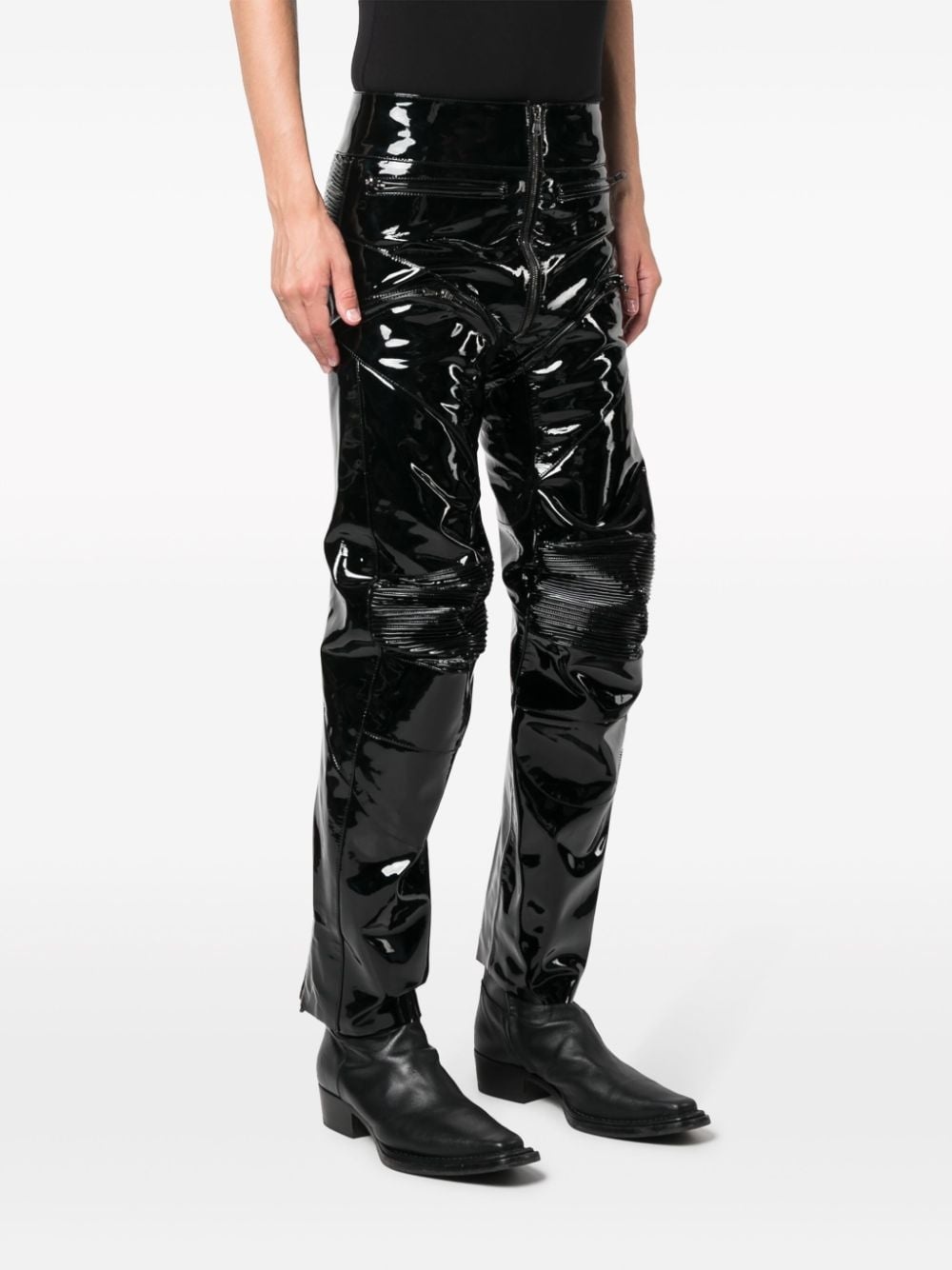 panelled gathered patent leather trousers - 2