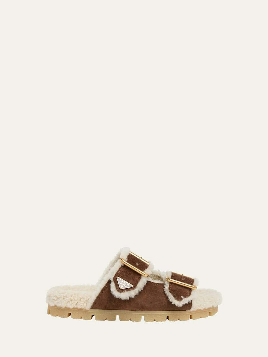 Suede Shearling Lined Dual-Buckle Slide Sandals - 1