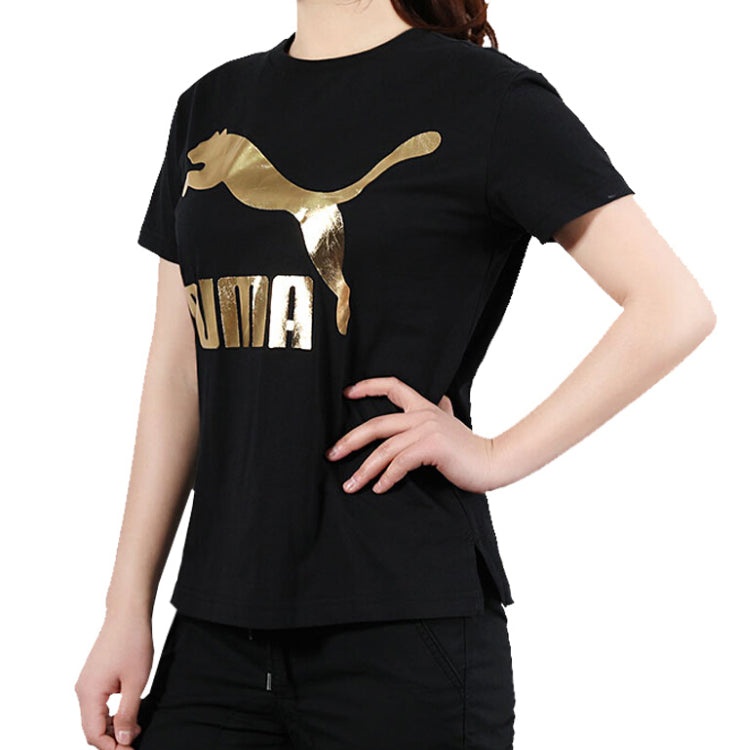 (WMNS) PUMA Classics Logo Short Sleeve TEE Black/Gold 579406-83 - 5