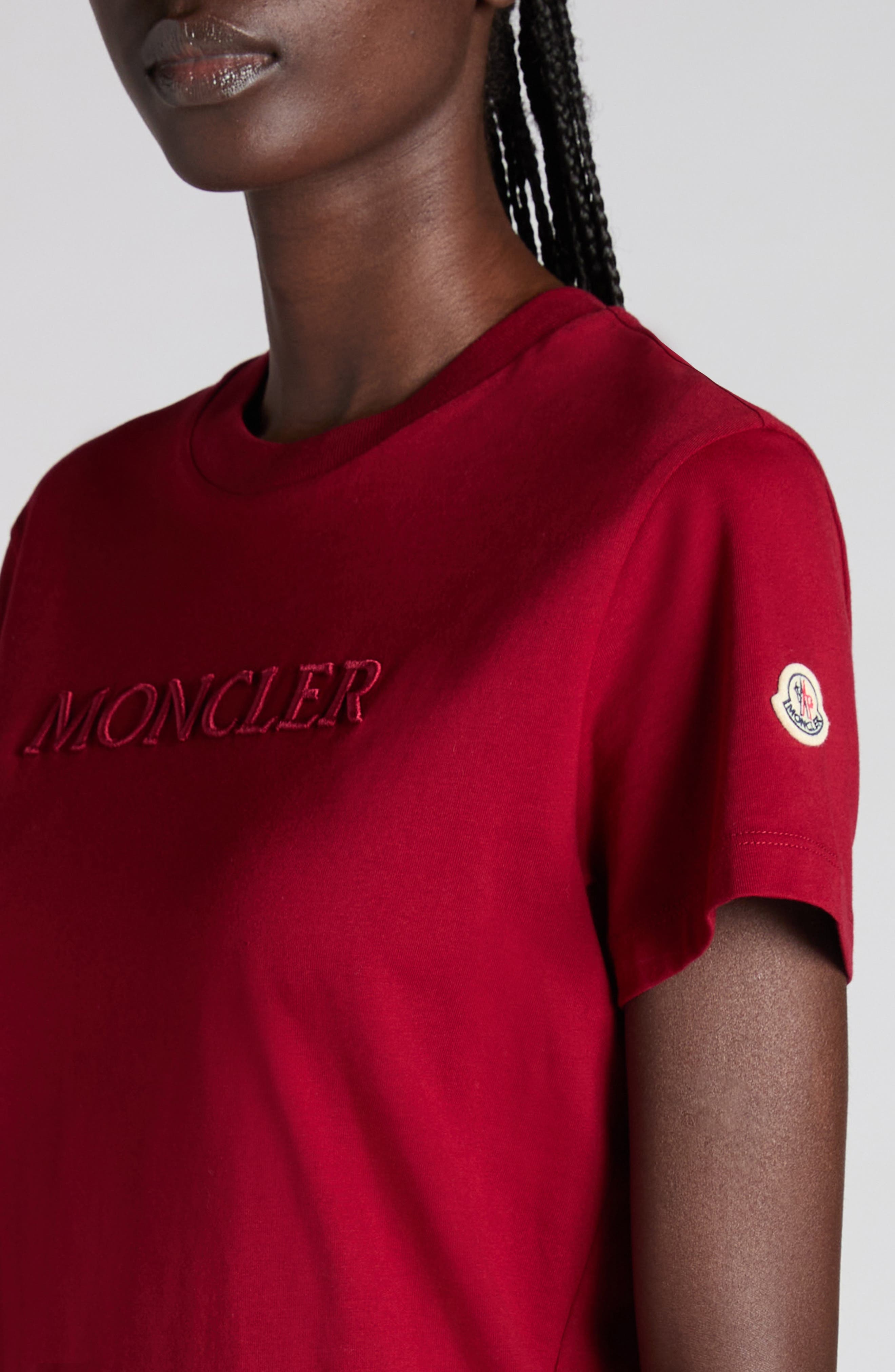 Moncler Logo Embroidered Cotton T-Shirt in Antique Burgundy at Nordstrom - 4