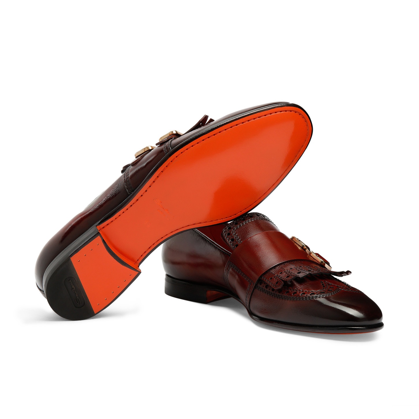 Men's red leather double-buckle loafer with fringe - 4