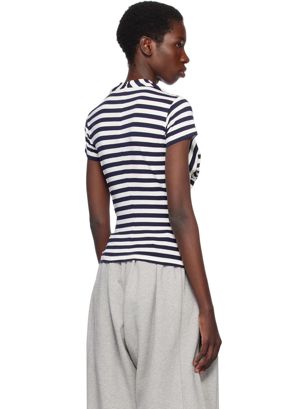 Navy & White Stripe Bra Draping Jersey T-shirt - 3