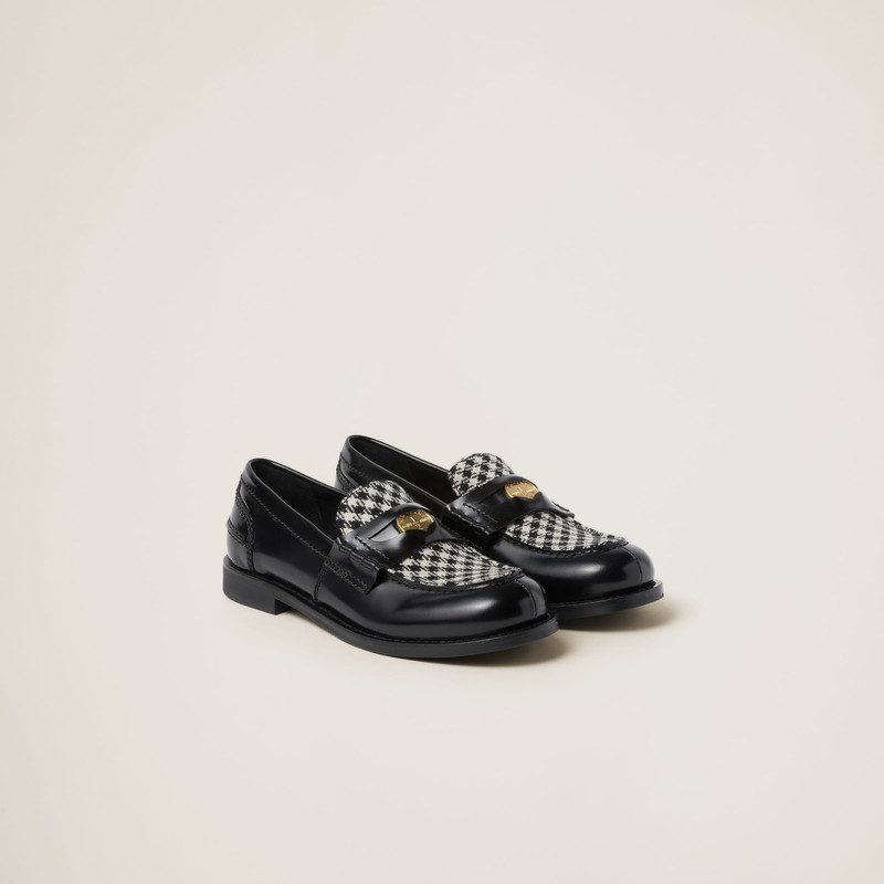 Brushed leather and gingham check fabric loafers 1