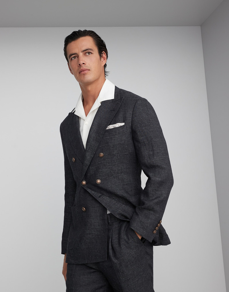 Denim-effect linen one-and-a-half breasted blazer with patch pockets and metal buttons 1