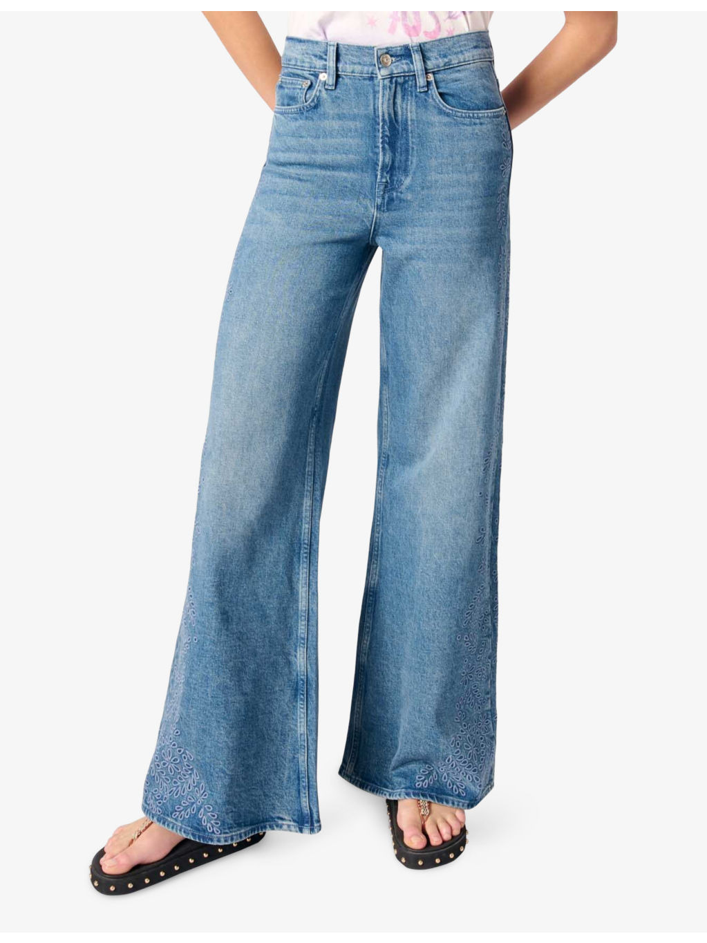 Leaf-Embroidered Wide-Leg Stretch-Denim Jeans - 3