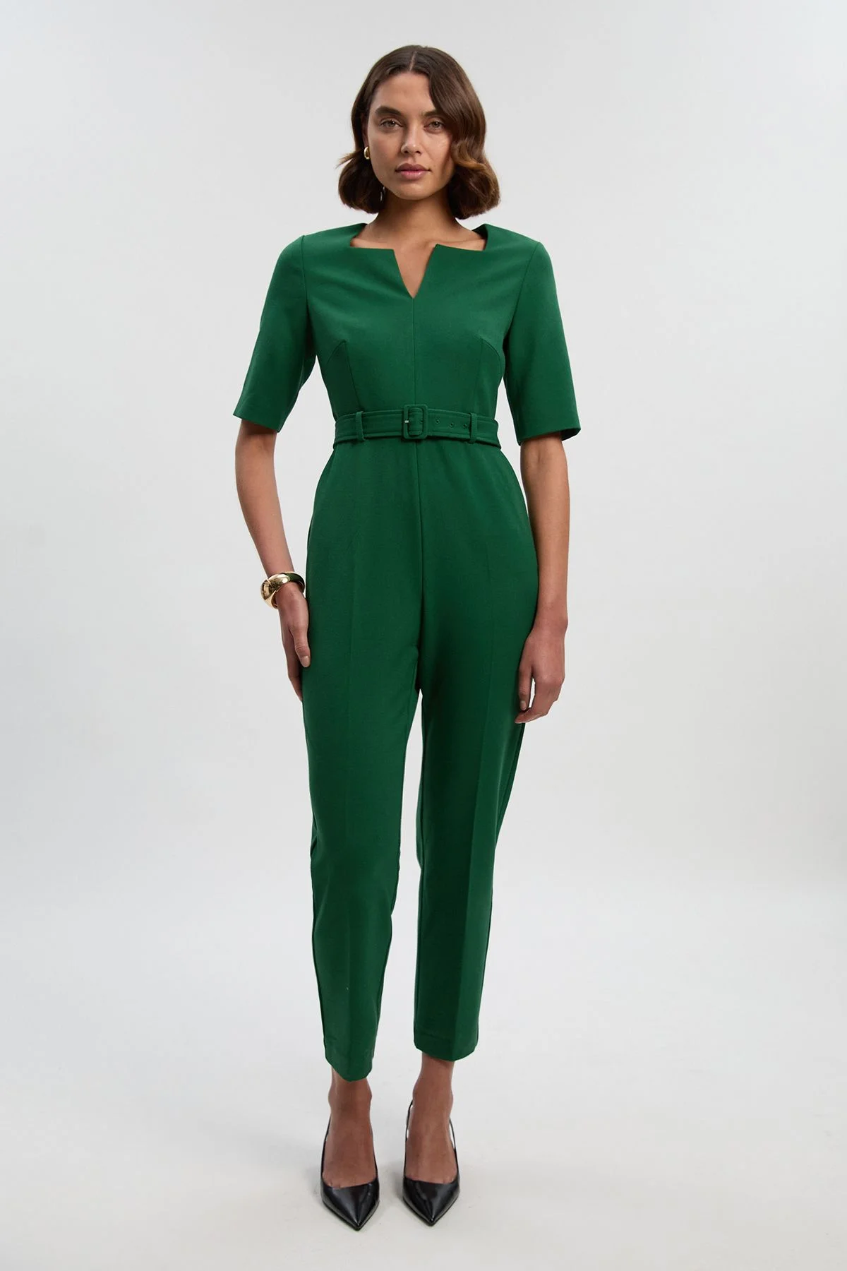 Structured Crepe Forever Notch Neck Belted Tailored Jumpsuit - 1