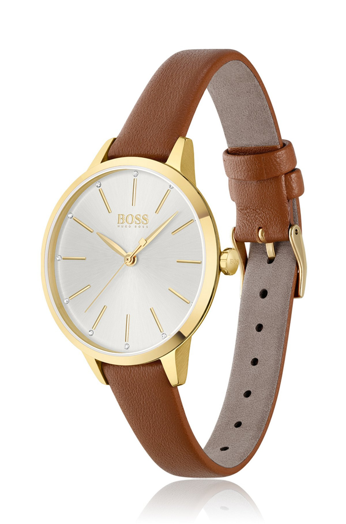 GOLD-TONED WATCH WITH CRYSTAL ACCENTS AND LEATHER STRAP - 2