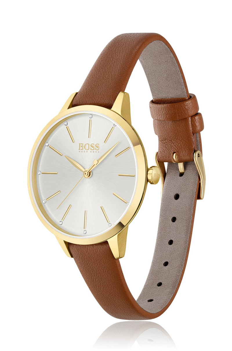 BOSS GOLD-TONED WATCH WITH CRYSTAL ACCENTS AND LEATHER STRAP outlook