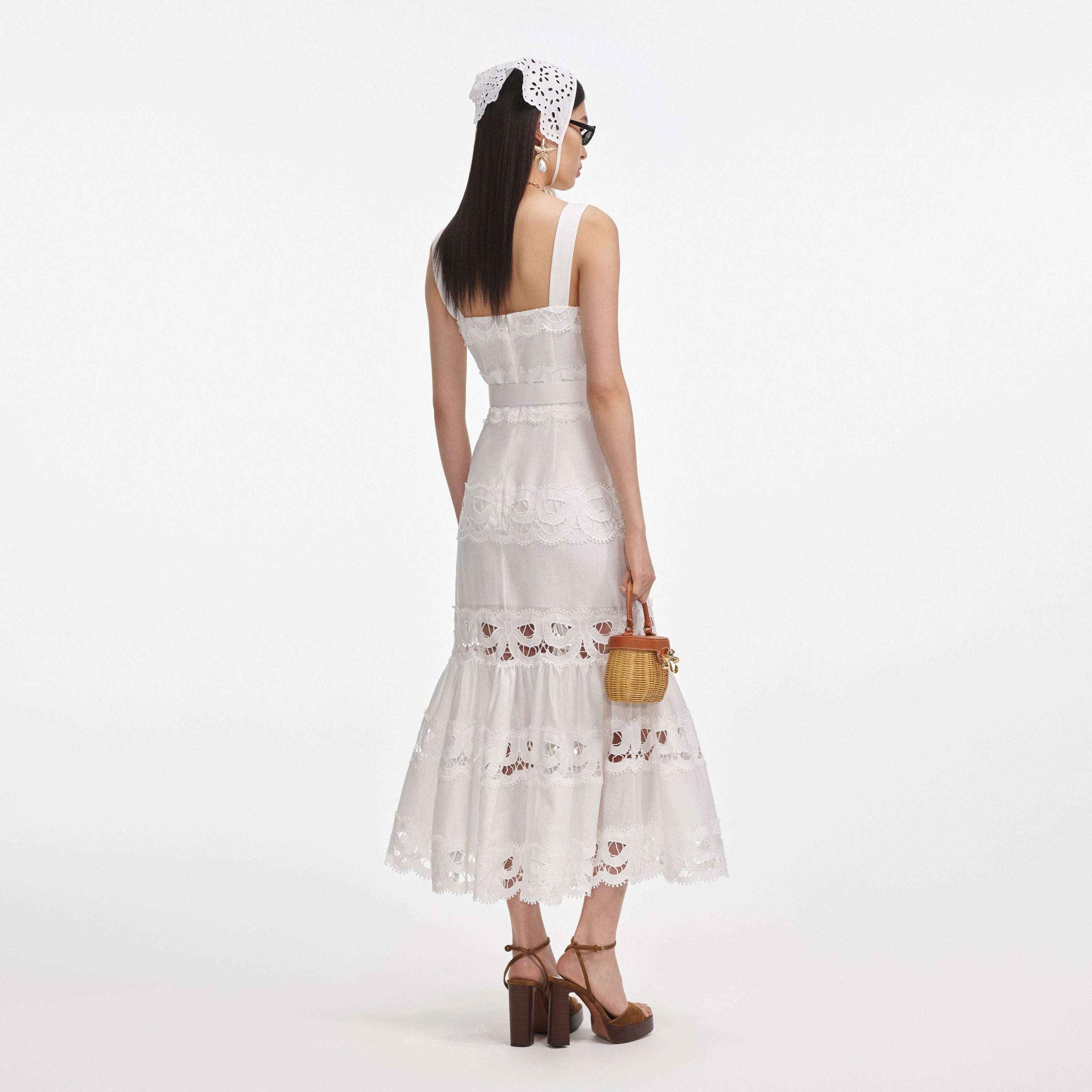 White Linen Lace Insert Midi Dress - 3