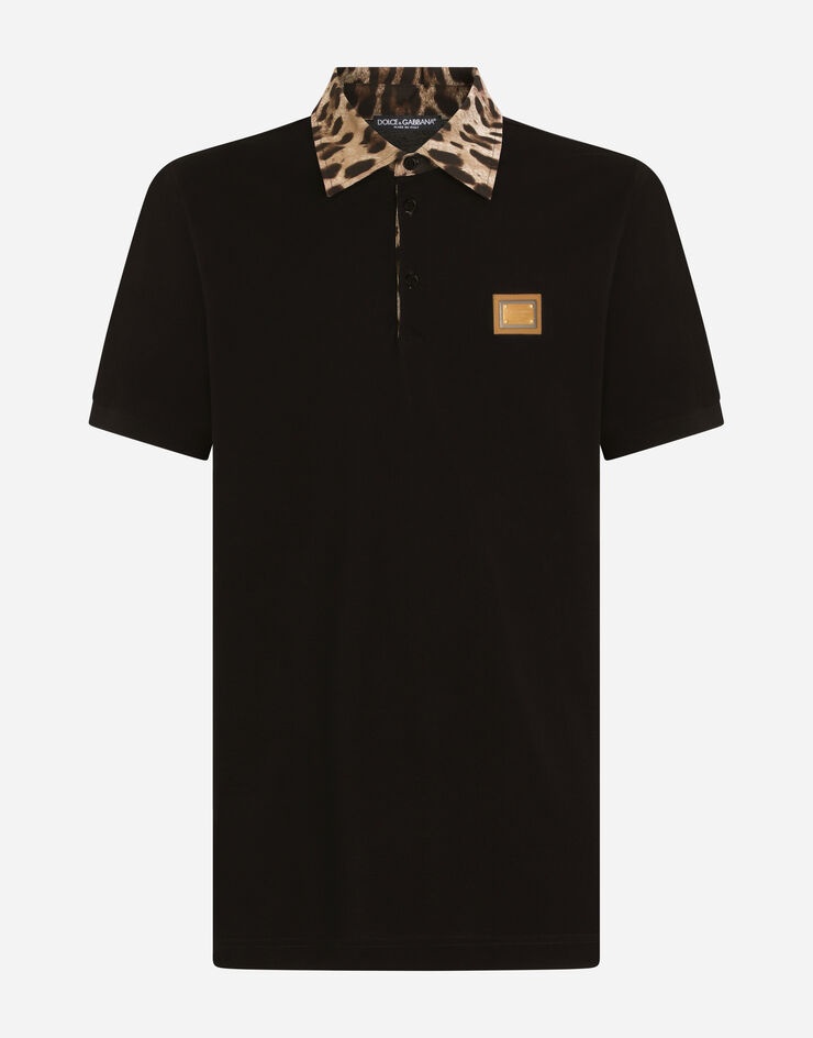 Cotton piqué polo-shirt with leopard-print details and plate - 3