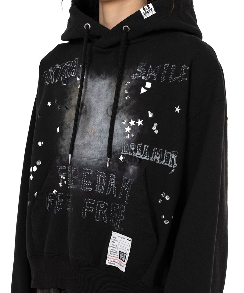 Cat Printed Embellished Distressed Hoodie 13